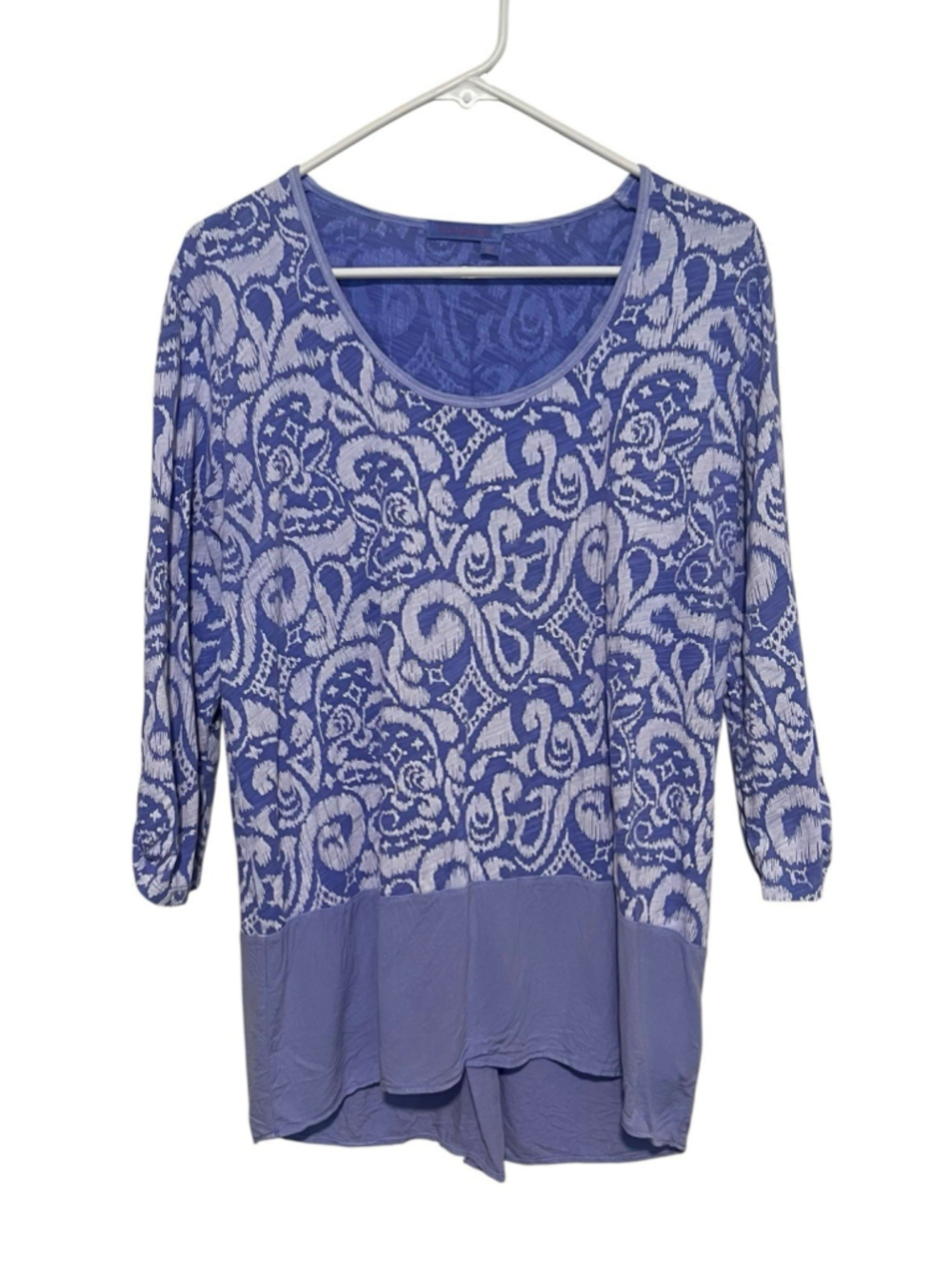 Fresh Produce Batik Scroll Tunic Top Women’s Medium Purple 3/4 Sleeve USA Made